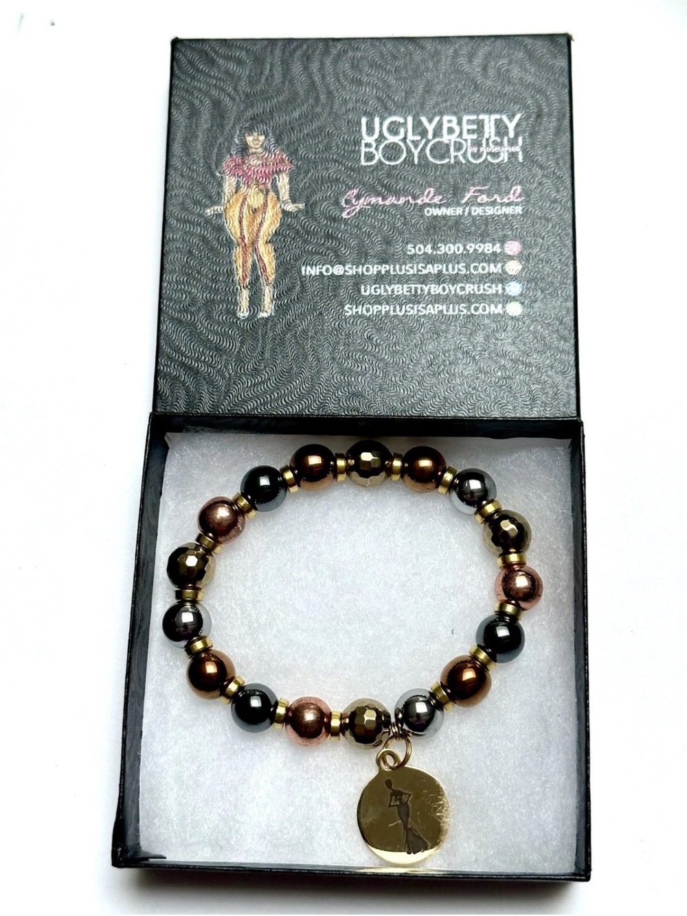 NEW NIB HEMATITE STONES UGLY BETTY BOY CRUSH ELASTIC BRACELET W/CHARM MIXED TONE